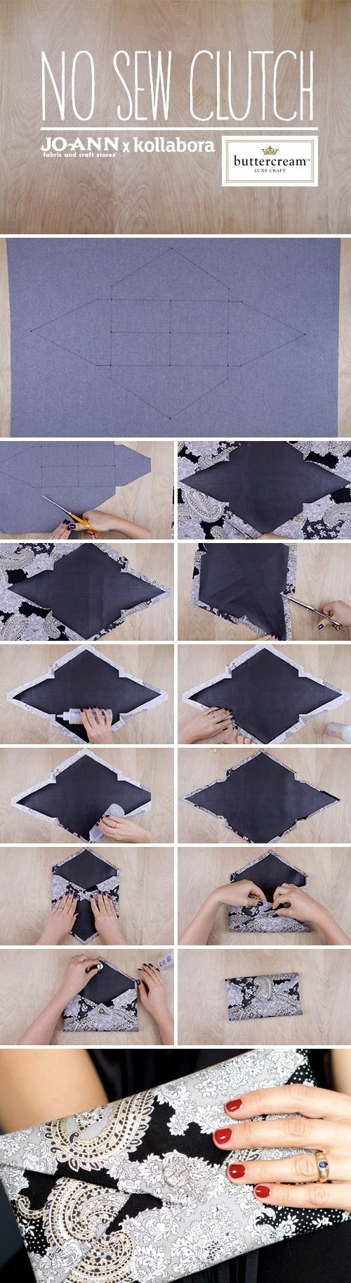 Chic Audrey No-Sew Clutch. Super easy and will go with any outfit. This one uses Audrey's Buttercream Collection from Jo-Ann Stores. | Project | Sewing / Bags & Purses | Kollabora: 